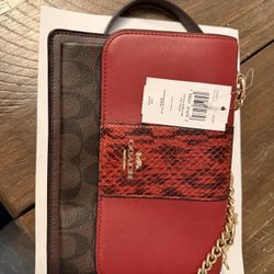 Coach Klare Crossbody Bag – Red Leather with Snake-Print Detail & Chain Strap