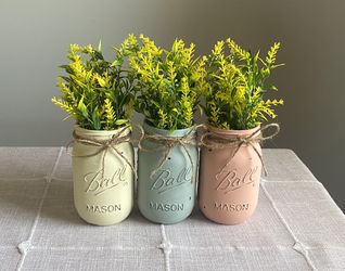 Chalk Painted & Distressed Mason Jar Vases w/faux Flowers Included 3 for $18