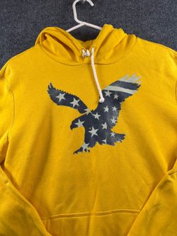 Men’s L Yellow Hoodie USA Flag Eagle Graphic Pullover Sweatshirt