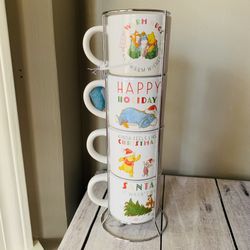 Disney Winnie The Pooh Stackable Ceramic Coffee Mugs Set Of 4 & Metal Tower