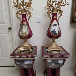 Antique Pair Of Pedestals And Candelabras Set