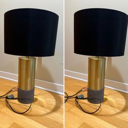 24”H Black Drum Night Table Lamp Modern 1-Light Fabric Nightstand for Bedroom (set of 2)