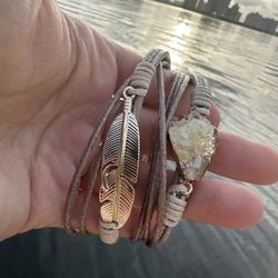 NEW Beige leather Bracelets for Women Multilayer Druzy Bracelet Vintage Feather Charm bracelet 