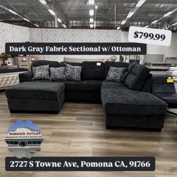 Dark Gray Fabric Sectional With Ottoman 