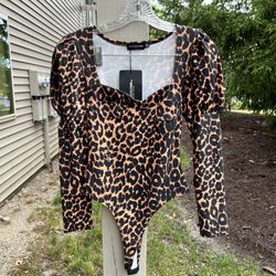 Tan Leopard Crepe Puff Sleeve Square Neck Bodysuit