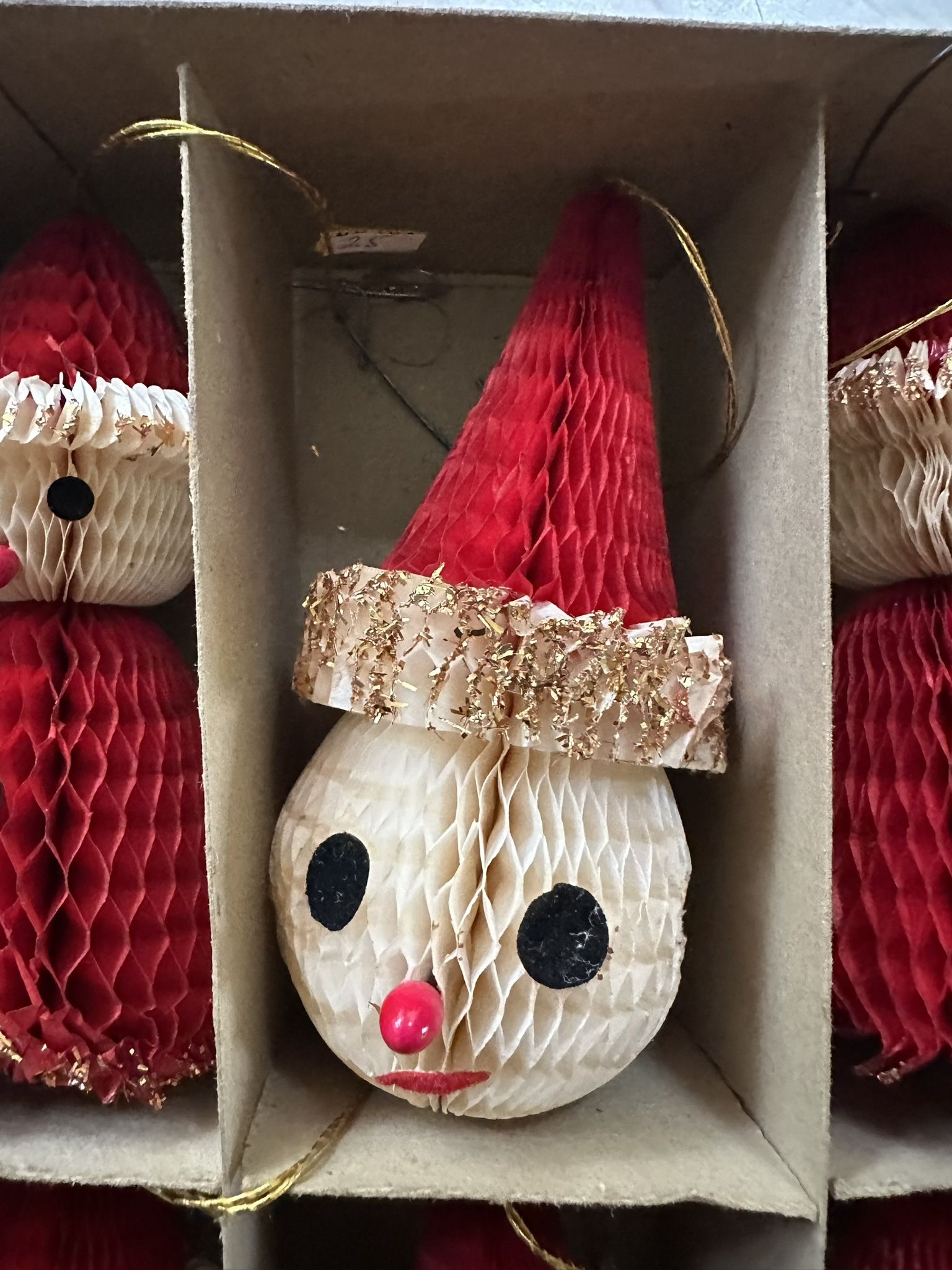 6 Holt Howard Honeycomb Tissue Paper Ornaments Snowman Santa Christmas Japan 1950s