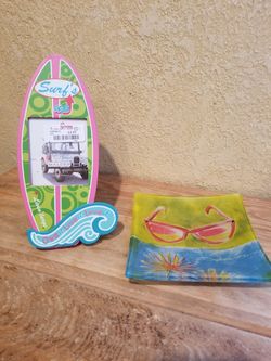 Surfboard coastal picture frame & small plate with sunglasses
