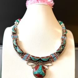 Vintage & Handcrafted Ethnic Tribal Necklace With Bug Design Inlay Turquoise & Coral Stones Set In Silver 18”in,131grams