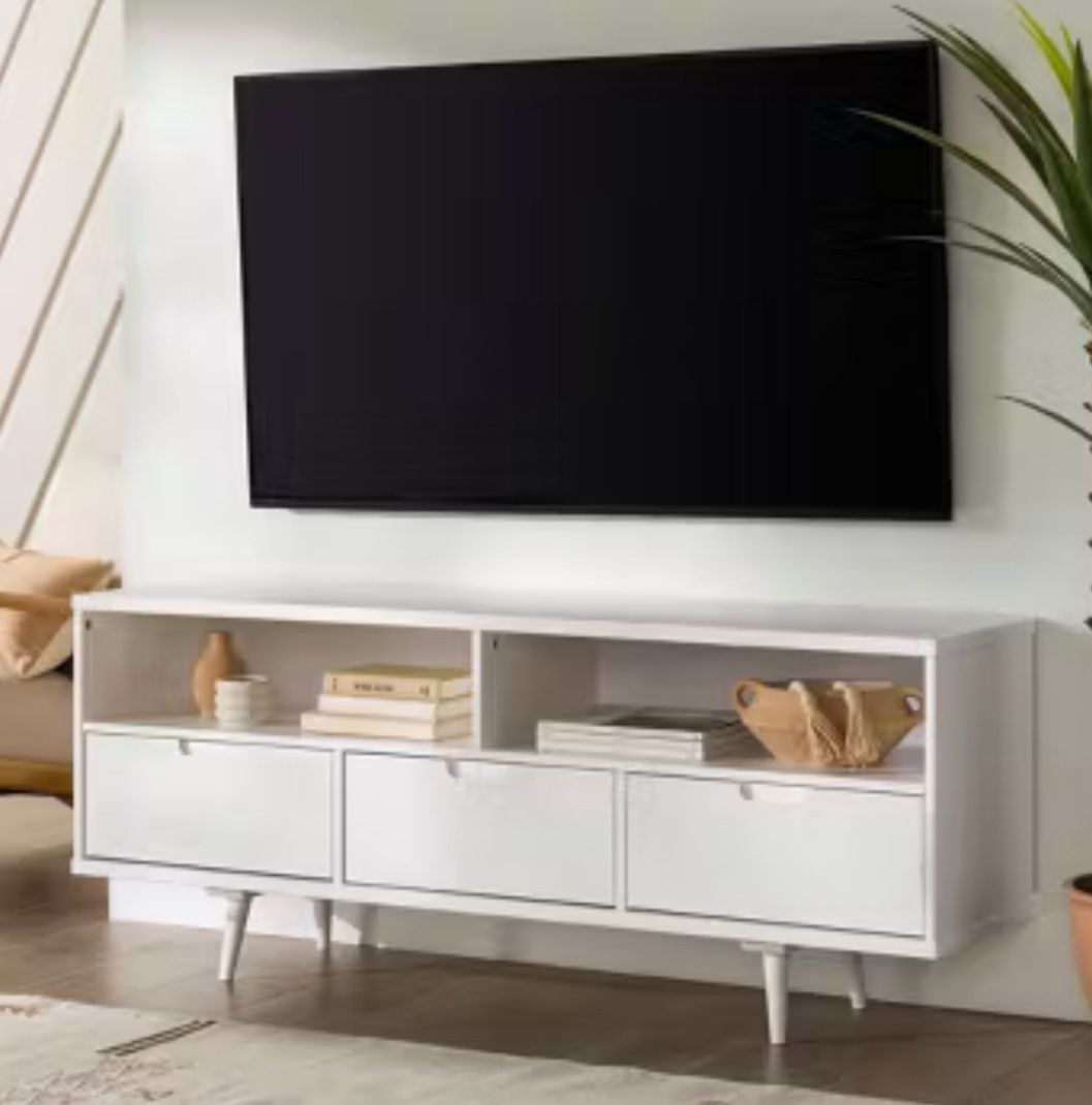 Solid Wood White Modern TV Stand Entertainment Center with Storage Drawers