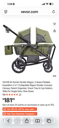 VEVOR All-Terrain Stroller Wagon, 2 Seats Foldable Expedition 2-in-1 Collapsible Wagon Stroller, Includes Canopy, Parent Organizer, Snack Tray & Cup H