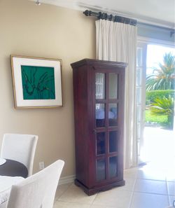 Hacienda, Spanish Colonial Wine Cabinet dark cherry brown wood  with glass door