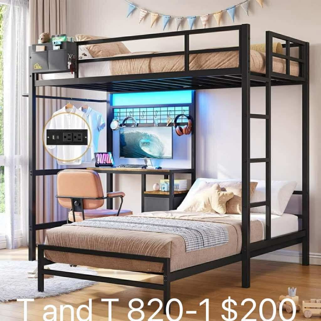 Metal Bunk Bed with Desk Twin Over Twin Size Bunk Bed with Charging Station and LED Lights, Twin Size Loft Bed Frame(820-1)