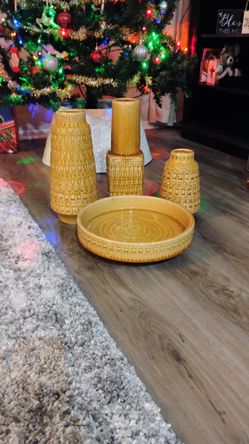 Set Of Mustard Yellow Vases And Tray