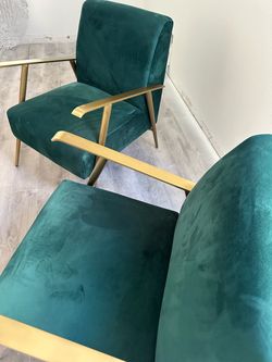 Set of 2 Green Velvet Accent Chairs with Gold Arms