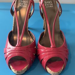 Saks Fifth Avenue Pink Patent Leather Cork Heel Sandals