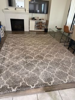 Large Gray Shag Area Rug Trellis Pattern