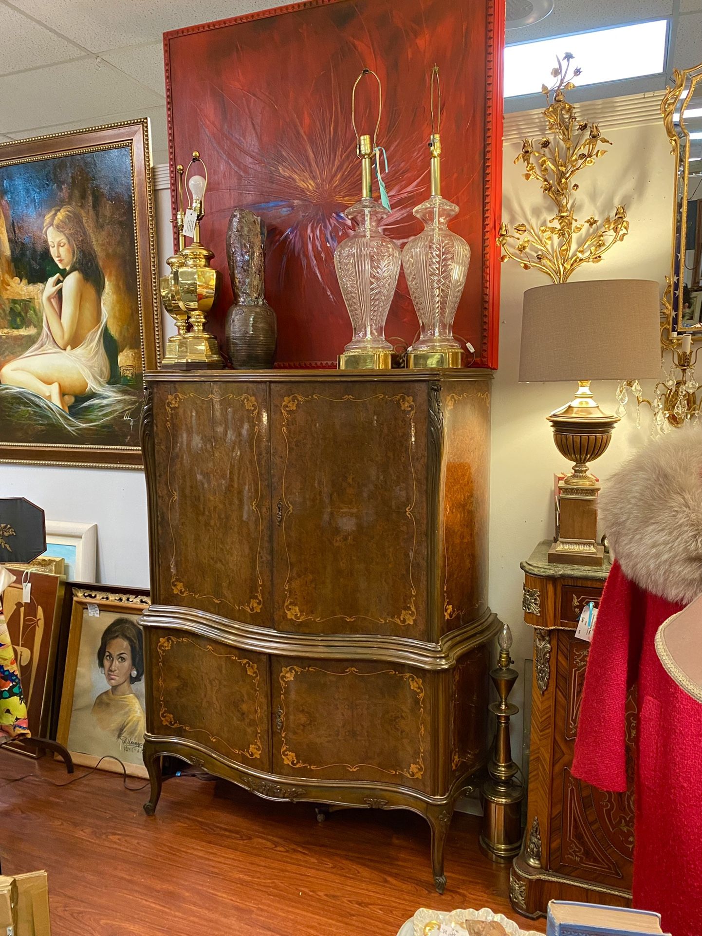 Vintage 1940’s Inlaid French Style Armoire Bar Cabinet Bookcase Breakfront **^^**