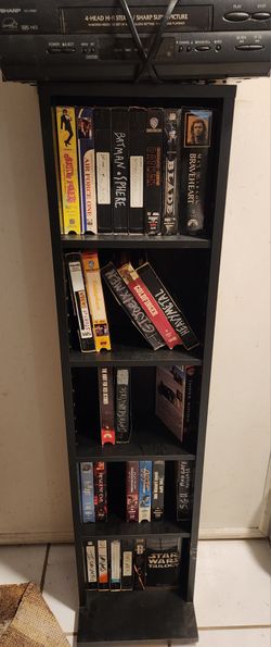 VCR, A Bunch Of VHS Tapes & Tall Black Media  Case (Movies Subject To Change)