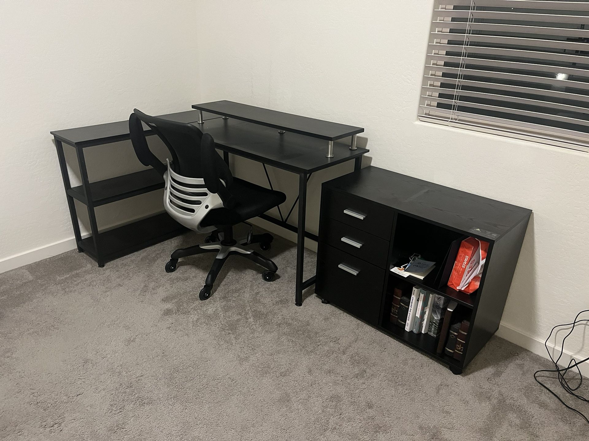 L Desk (with riser), Chair And Printer Stand