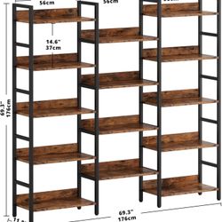 Bookcases and Bookshelves Triple Wide 5 Tiers Industrial Bookshelf with Baffles Large Etagere Bookshelf with Metal Frame for Living Room H