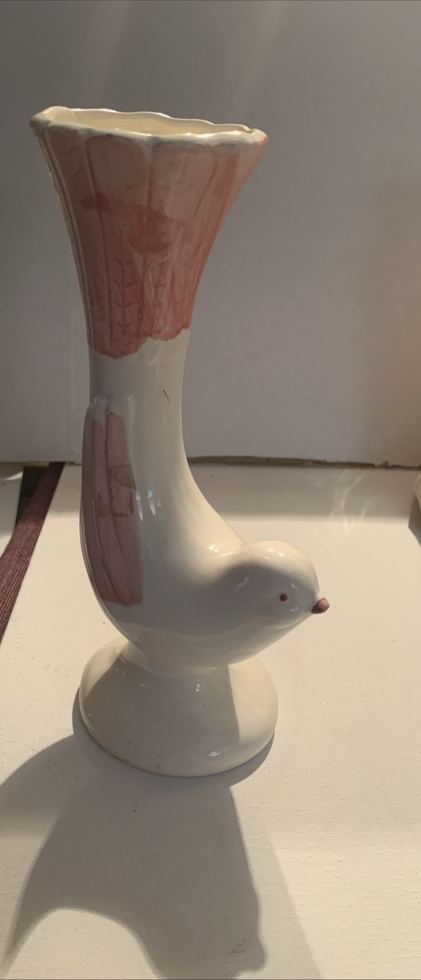 Vintage Cornet Vase in the Shape of a Pink and Whit Bird 8”