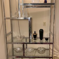 Mid Century Modern Etagere Chrome & Glass Display Cabinet w/ Light and 6 Shelves
