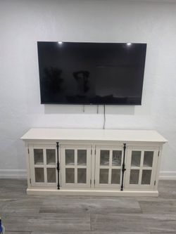 Large White TV Console Media Cabinet with Glass Doors