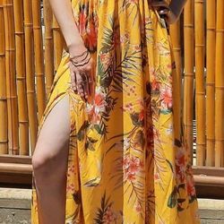 Summer Yellow Floral Maxi Sun Dress Open Back Long