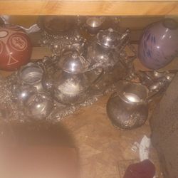 Silverplate Serving Tray And Tea Pot Stuff