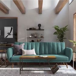 Brittany 82 Inch Futon Sofa Bed in Faux Leather, Upholstered Couch Sleeper with Tufted Back, Mid-Century Modern Design