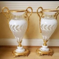 italian crystal and bronze set of 2 vase tall : 19"