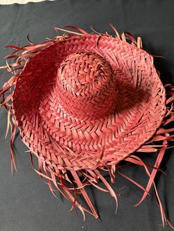 Vintage Red Woven Straw Wide Brim Hat scarecrow Halloween