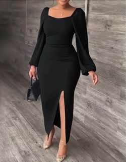 Black Long Sleeve Midi Dress with Slit