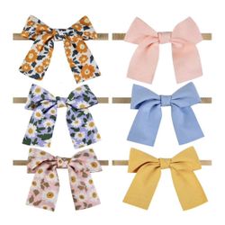 6 Pcs Baby Girl Headbands and Bows, Newborn Infant Toddler Nylon Hairbands ,Flower Hair Accessor