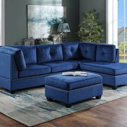 Sienna Blue Red Pink Velvet Sectional with Ottoman

