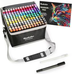 168-color double-ended oil-based art markers with a sketchbook featuring both fine and wide tips for coloring, drawing, and creating. Comes with a sto