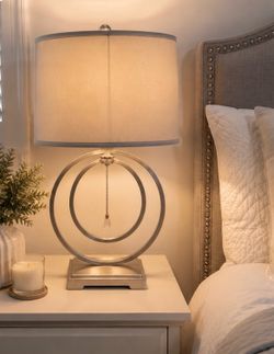 Modern Brushed Nickel Table Lamp with Drum Shade & Pull Chain | Contemporary Bedside Lamp