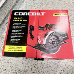 COREBILT 20V 6-1/2" CIRCULAR SAW • Voltage: 20V Max • No Load Speed: 4,500 RPM • Blade Size: 6-1/2" (165mm) • Cutting Depth at 90°: 2-1/8" (54mm)