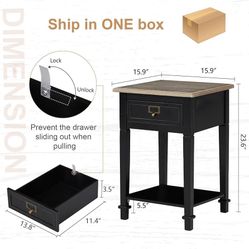 Black Nightstand, End Table with Drawer and Storage Shelf, Wooden Side Table, Bedside Table for Bedroom, Living Room, Sofa, Hallway, Easy Assembly, Bl