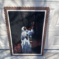 Painting on suede leather or like material with wooden crafted frame Jewish shofar traditional $120