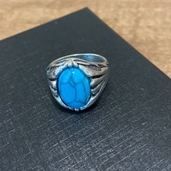 Retro pattern oval turquoise stone silver women’s ring Sz 8