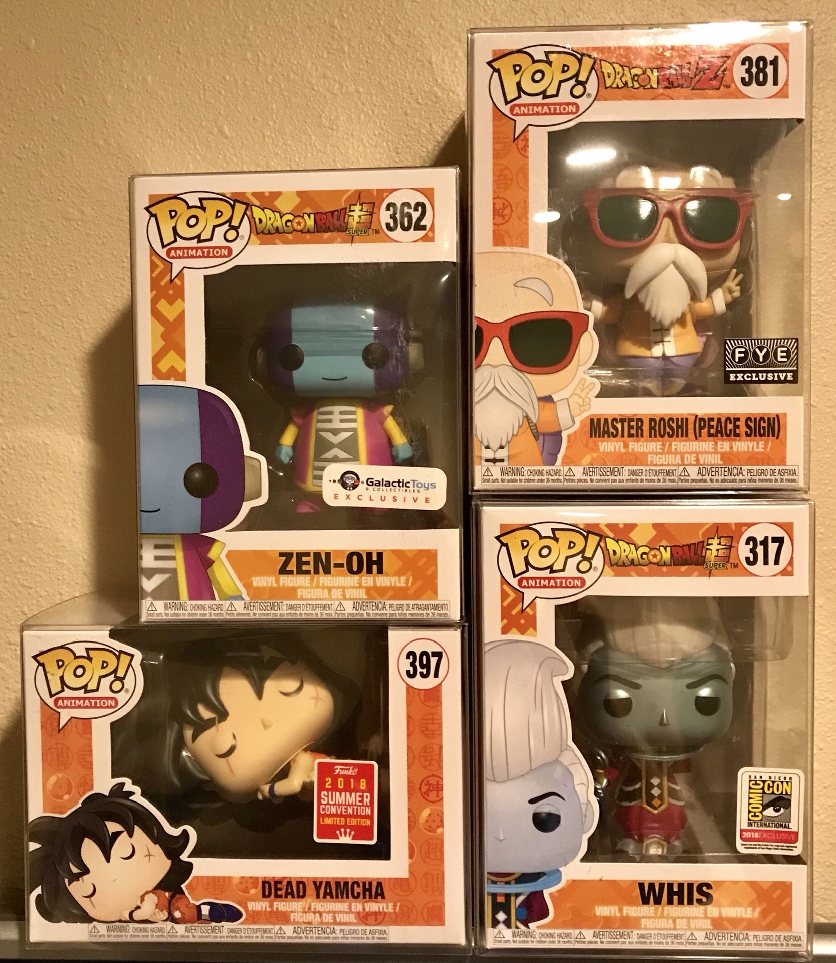 Funko POP Dragonball Z! Metallic Whis (Funimation SDCC) & Master Roshi (FYE) Exclusives & Dead Yamcha & Zen-Oh Galactic Exc