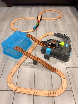 Wooden Train Track Set with Trains and Tunnel