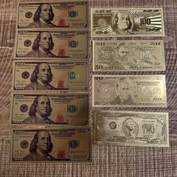 9 Piece Gold Novelty Bills $100 $50 $20 $2