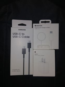 Samsung USB-C to USB-C Cable: Apple Watch Magnetic Fast Charger to USB-C Cable: Apple 20W USB-C Power Adapter: