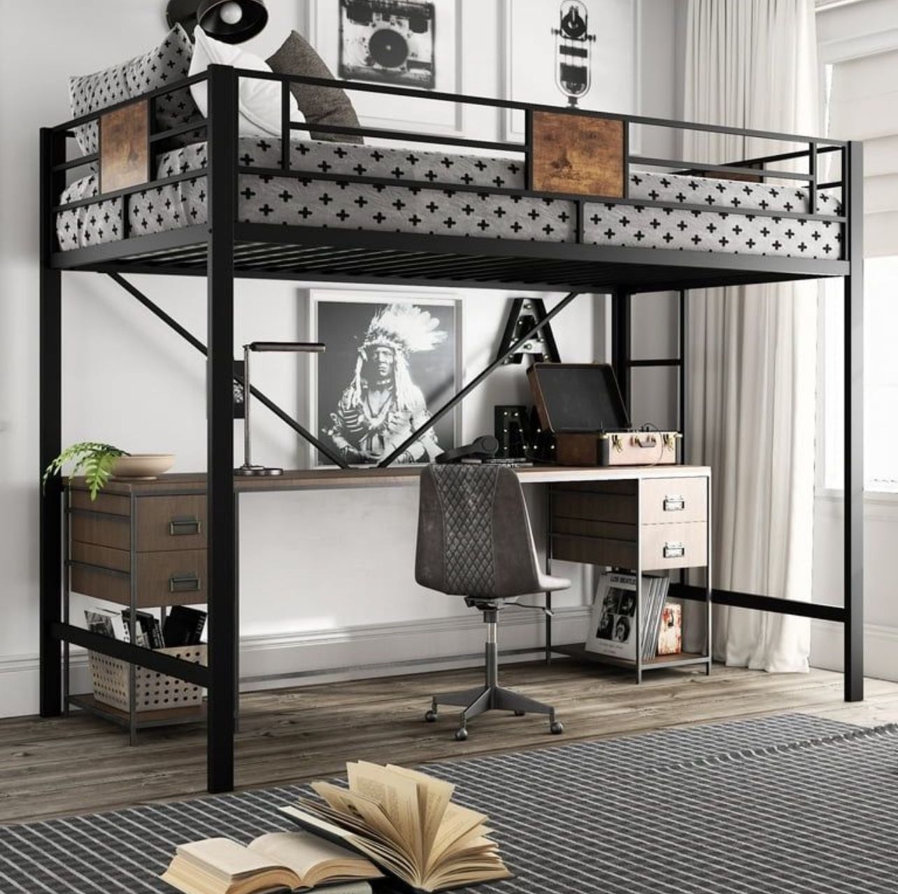 Metal Twin Size Loft Bed Frame with Stairs & Full-Length Guardrail, Rustic Wood, Black Frame (Desk not included)