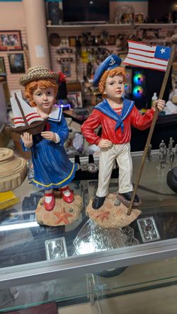 Vintage Nautical Sailor Boy And Girl Figurine Set Patriotic Coastal Decor Art