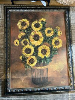 Wood hand Carved Frame With Sunflower Painting
