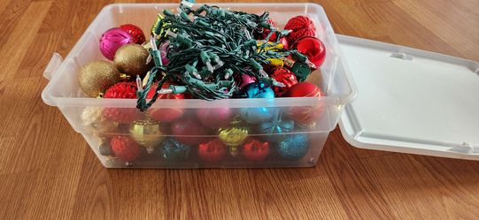Christmas Decorations Lot – Ornaments + String Lights + Storage Box