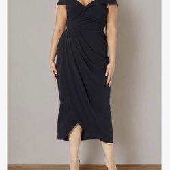 NWT City Chic Navy Evening Dress size 14 off the shoulder, faux wrap, tulip hem